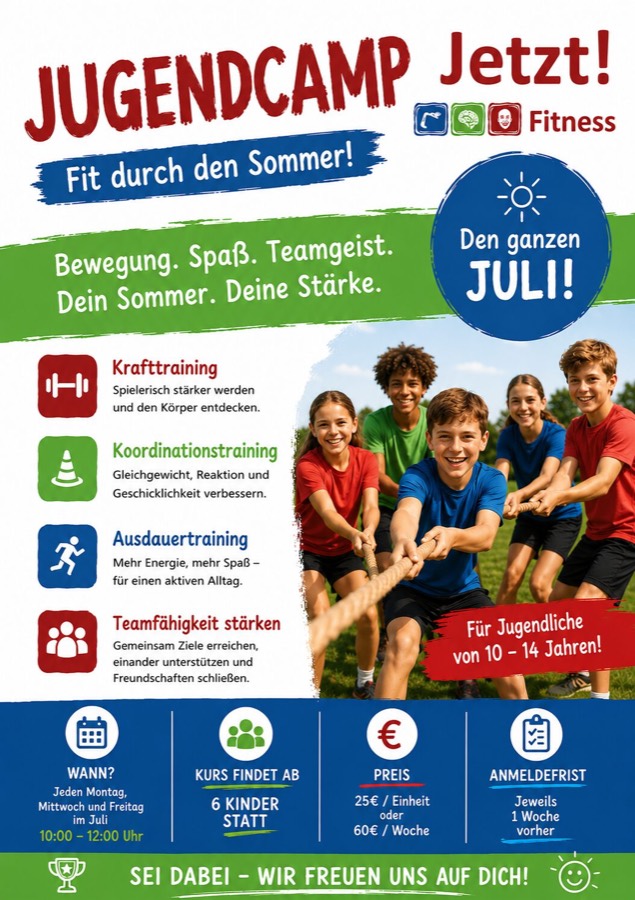Flyer Jugendcamp – Fit durch den Sommer: Bewegung, Spaß und Teamgeist für Jugendliche von 10 bis 14 Jahren. Den ganzen Juli, jeden Montag, Mittwoch und Freitag von 10 bis 12 Uhr. Kurs ab 6 Kindern, 25 Euro pro Einheit oder 60 Euro pro Woche, Anmeldung jeweils eine Woche vorher.